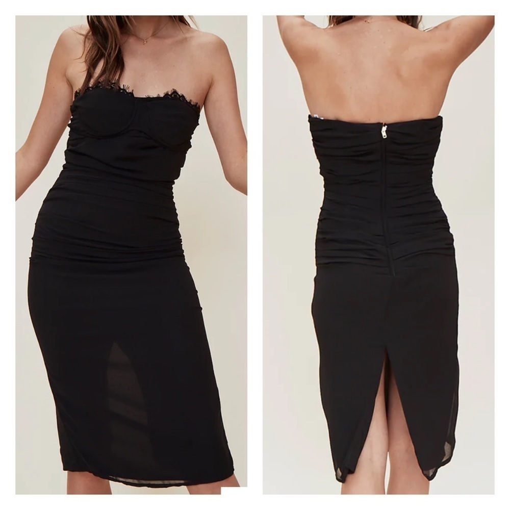 LPA Shirred Bustier Dress Black Strapless Midi Revolve XXS NWT